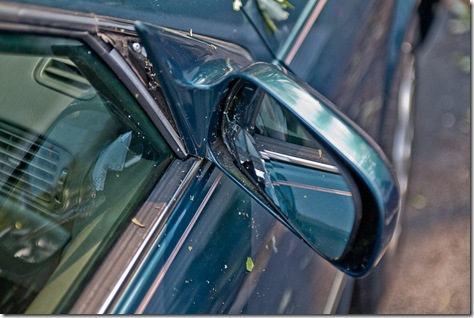 storm damage in Bowie MD, broken side view mirror on toyota camry
