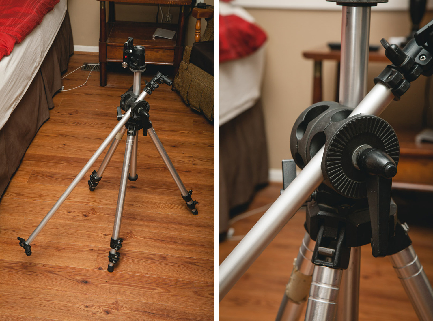 Reflector arm attached to tripod. This is good for the reflector because the legs can be spread much further out making it a great deal more stable in a breeze.